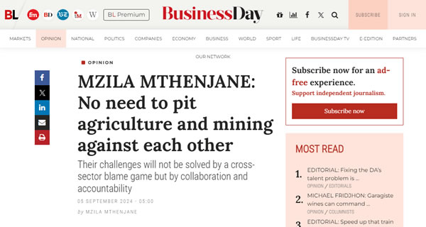 Opinion by Mzila Mthenjane, CEO of Minerals Council SA:  No need to pit agriculture and mining against each other